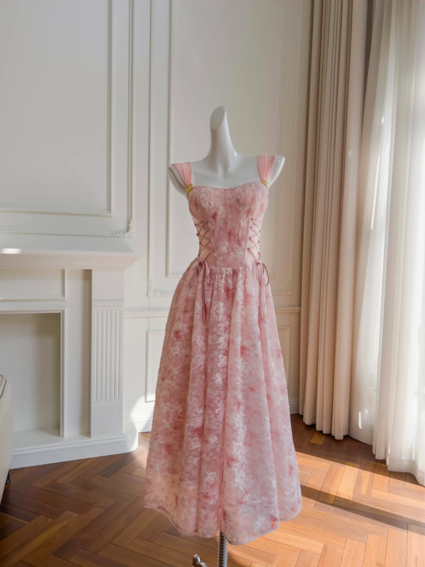 Pink floral halter waist slim fit long skirt homecoming dress R5186