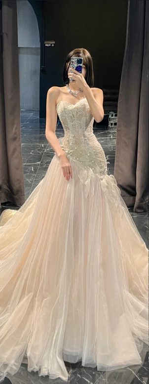 Light Pink Tube Top Fitted-Waist Slim-Fit Bodycon Prom Dress / Bridal Gown R5897