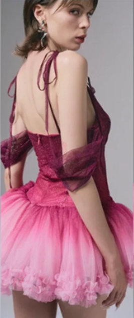 Pink suspender tie gradient waist slim fit puffy skirt homecoming dress R4516