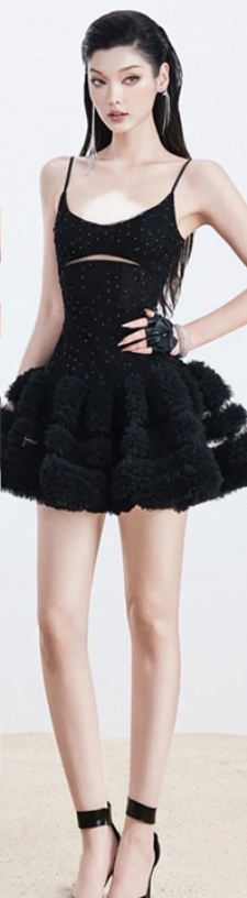 Black sweet cool suspenders waist slim polka dot puffy cake skirt homecoming dress R4717