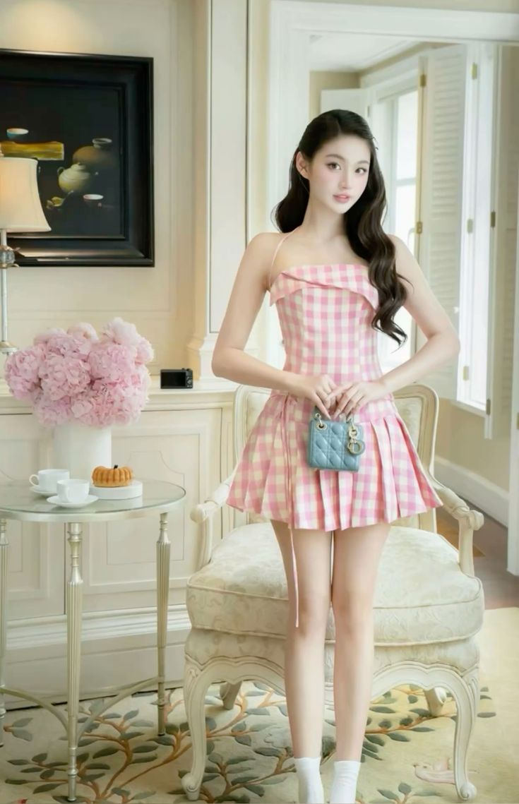Pink Checkered Sling Waist A-Line Pleated Short Skirt Homecoming Dress R3806