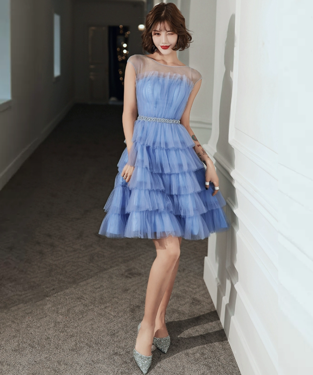 Ruffled Blue Homecoming Dress , Pretty Tulle Corset Mini Summer Dress RS1443