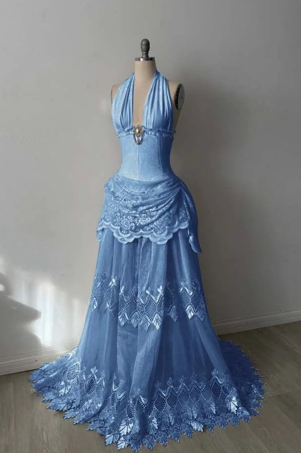 Elegant Blue Prom Gown , Pretty Draped Halter Maxi Evening Dress RS1348