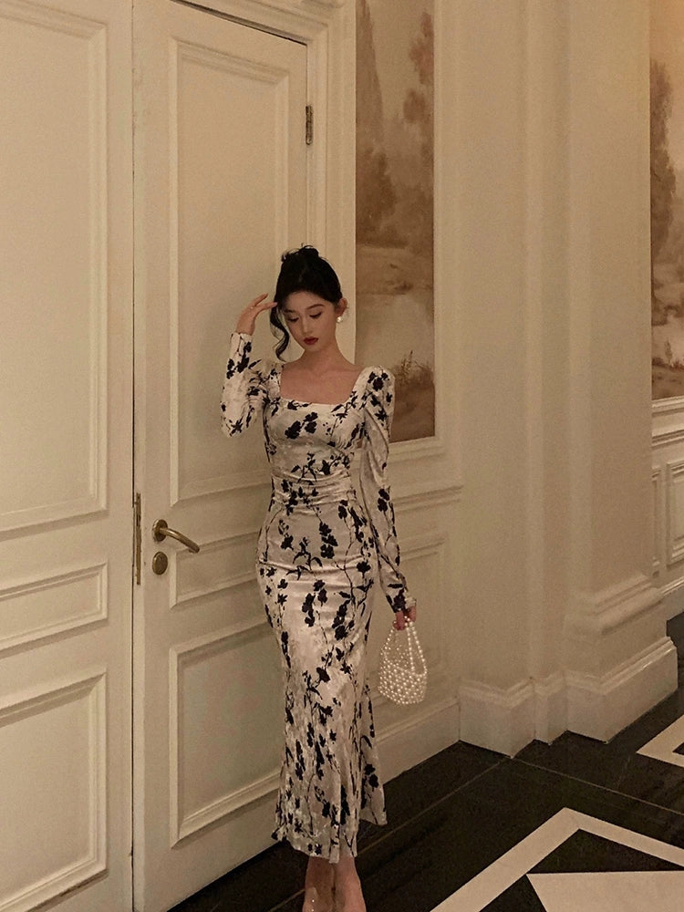 Rose print velvet dress for women new style square neck long dress S5488