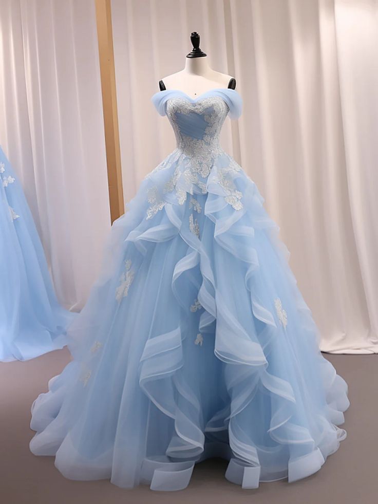 Off Shoulder Light Blue Tulle Long Prom Dresses With Lace Appliques, High Low Light Blue Formal Evening Dresses S5422