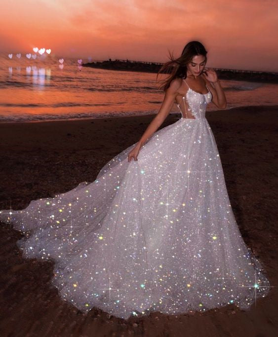 Sparkly Spaghetti Strap Sleeveless A-line Sequin Long Prom Dresses Wedding Dress S5425