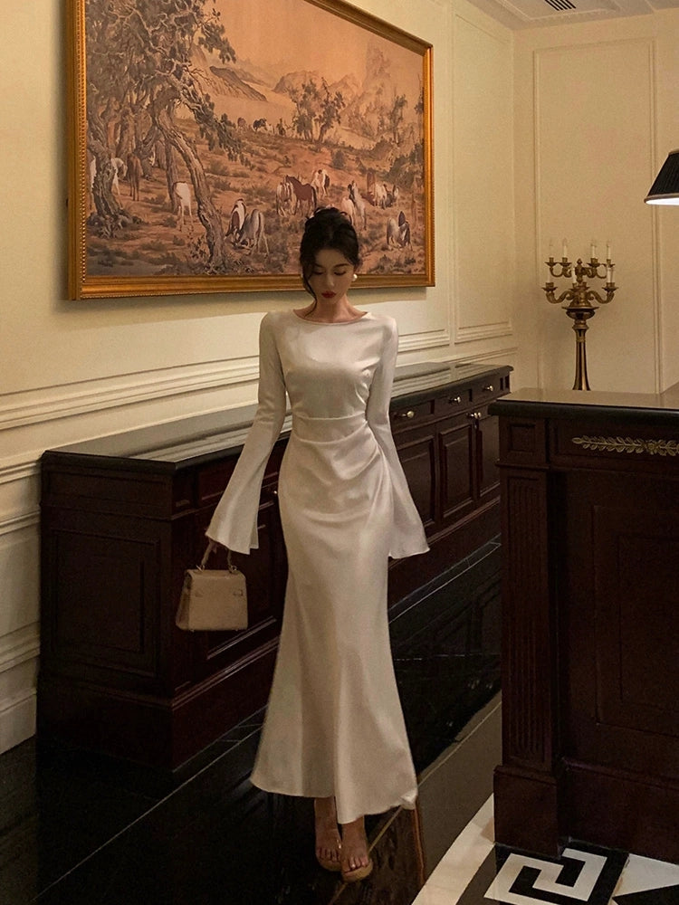 long-sleeved satin dress for women new style long skirt S5489