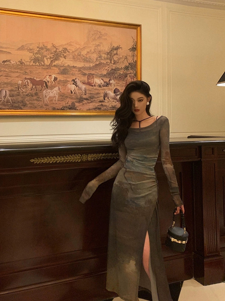 Two-piece Set Women New Printed Slit Long Skirt S5495