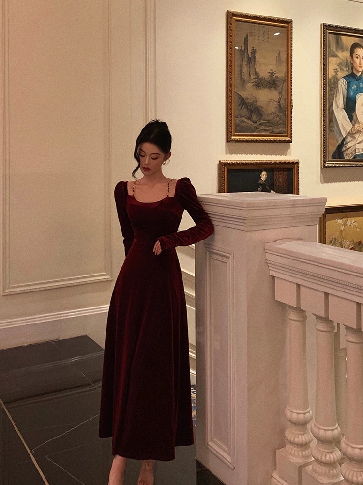 red velvet dress for women new retro long skirt S5484