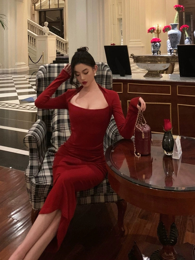 Retro red dress for women new style long mermaid dress S5481