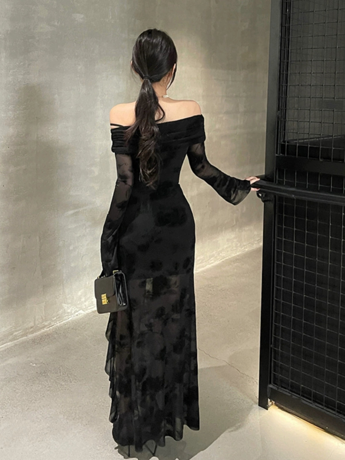 Off shoulder black long sleeve dress women long dress S5459