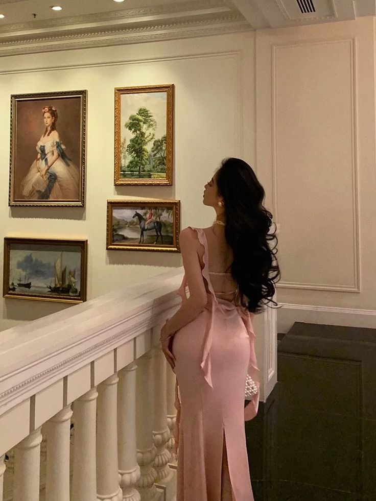 Sexy Mermaid Straps Neckline Backless Satin Pink Slit Prom Dresses Birthday Outfits S5448