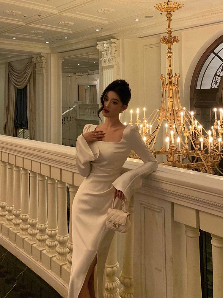 square neck satin dress new slit long dress S5479