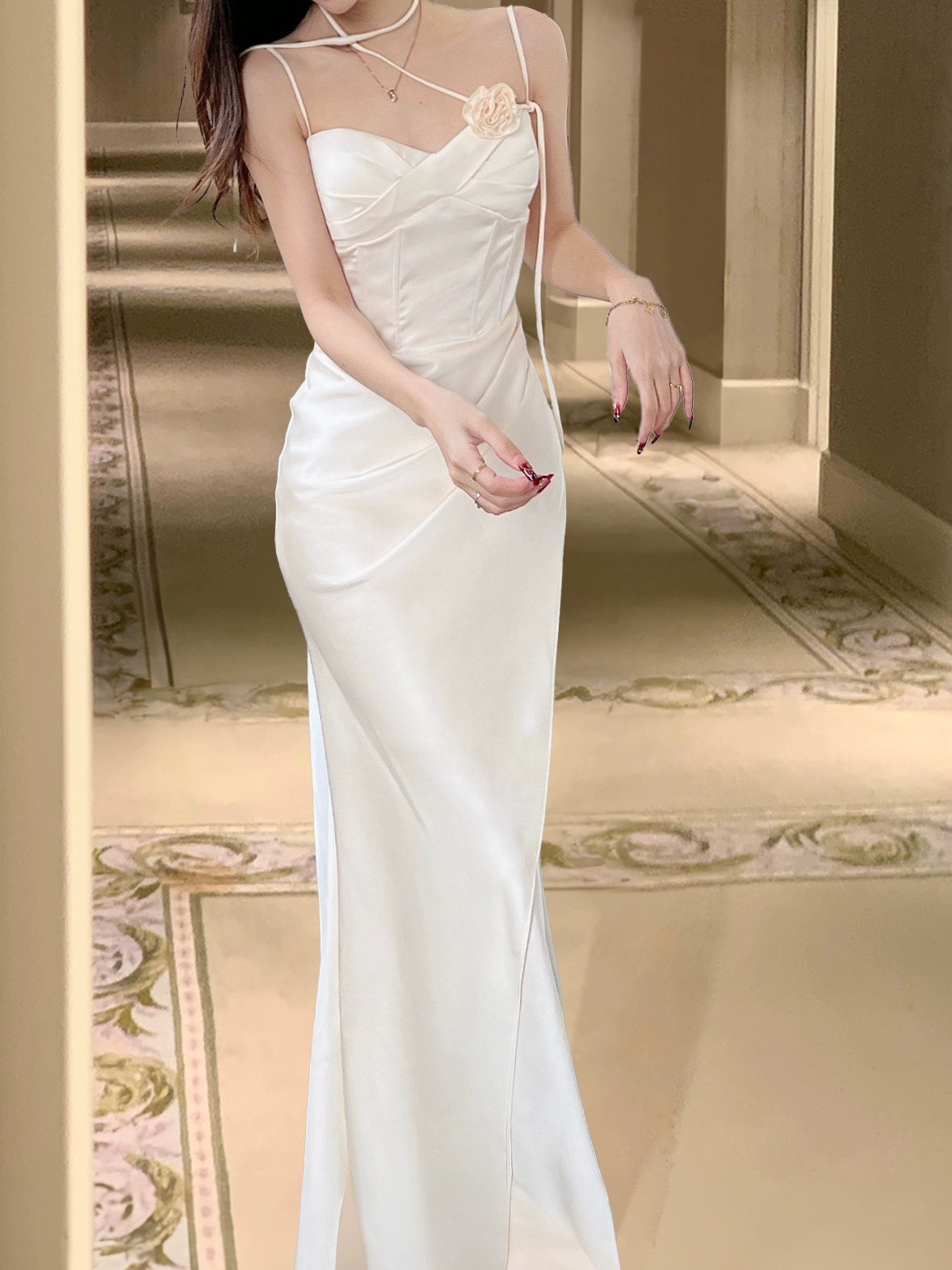 Satin suspender dress party evening dress long skirt S5446