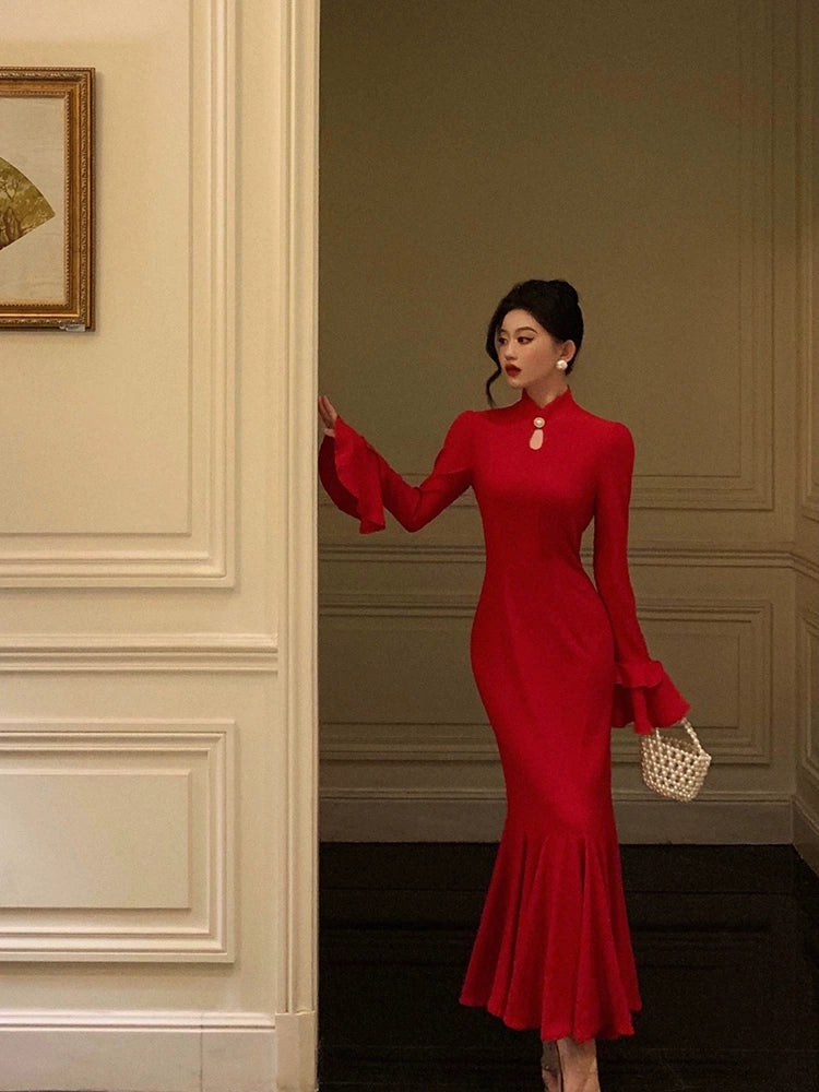 Red new style long mermaid dress S5480