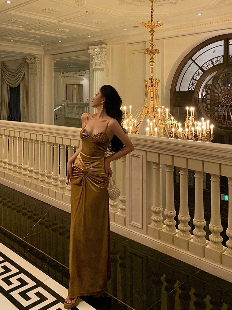 Gold velvet suspender dress for women new evening dress S5478