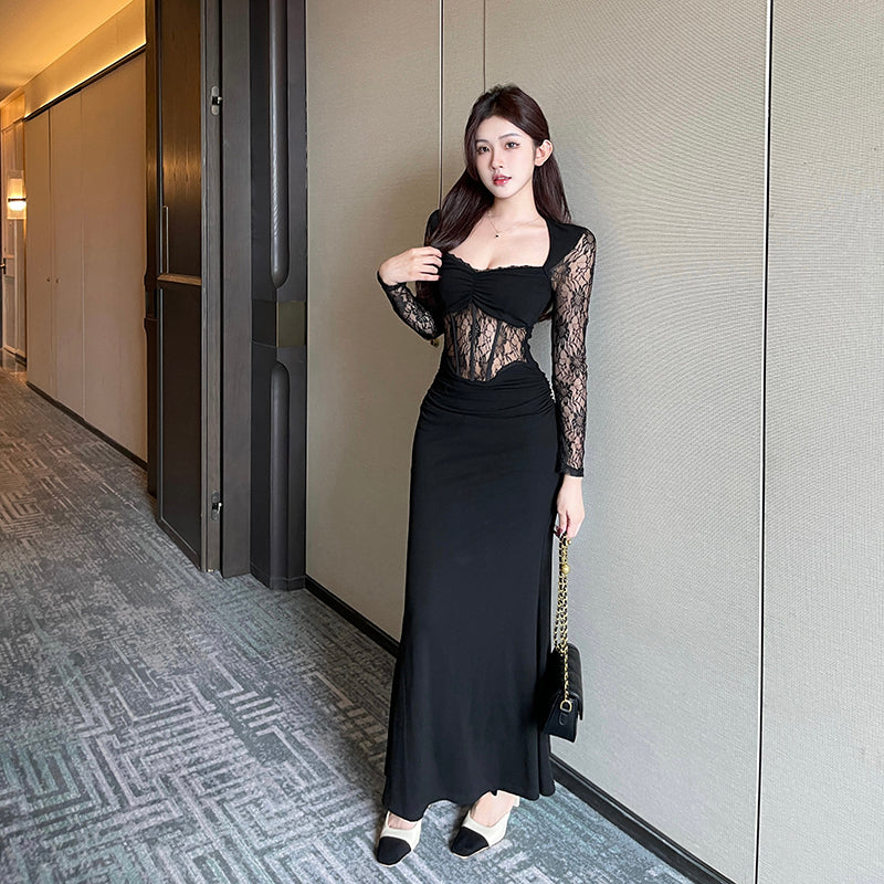 Sexy Black Lace Long Sleeve Dress S5463