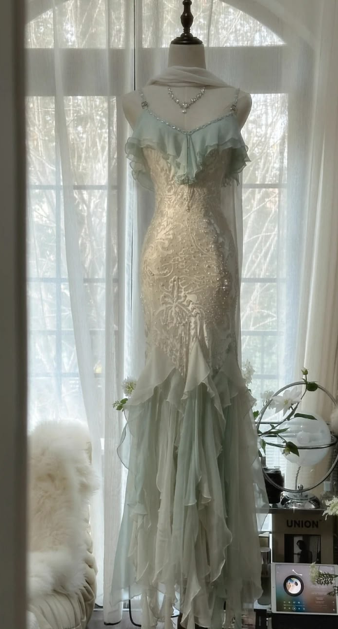 Flowy Mint Green Prom Gown , Chiffon Beaded Corset Maxi Party Dress Cami Dress RS1364