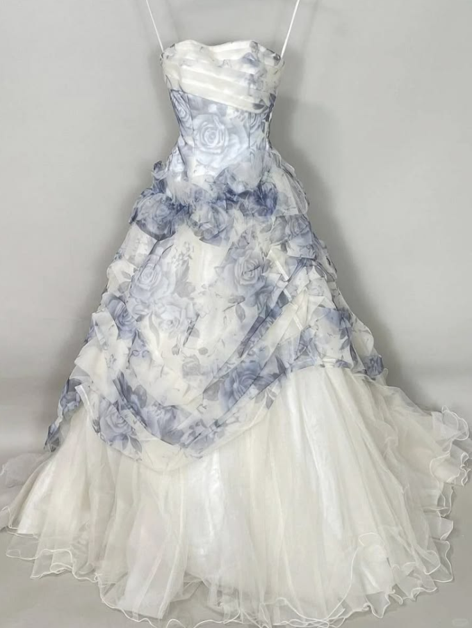 Flowy White Prom Gown , Printed Patterns Chiffon Maxi Summer Dress Cami Dress RS1369