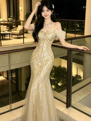 Golden Sparkly Prom Gown , Sequins Elegant Bodycon Maxi Evening Dress RS1396