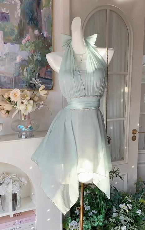 Flowy Mint Green Homecoming Dress , Chiffon Halter Corset Short Prom Dress Summer Dress RS1380