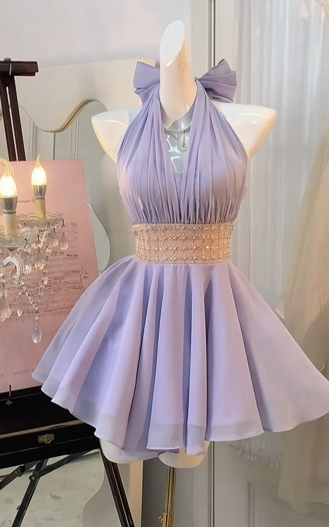 Minimalist Lavender Homecoming Dress , Silky Halter Corset Short Prom Dress Summer Dress RS1388