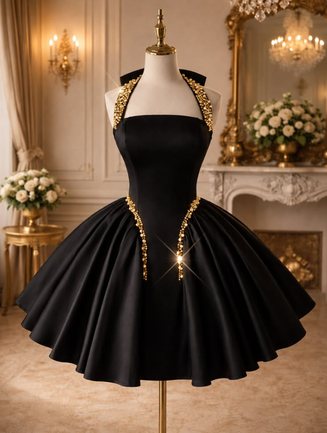 Sparkly Black Homecoming Dress , Silky Beaded Elegant Short Prom Dress RS1389