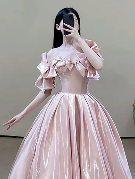 Sparkly Pink Prom Gown , Silky Princess Style Corset Maxi Evening Dress RS1402