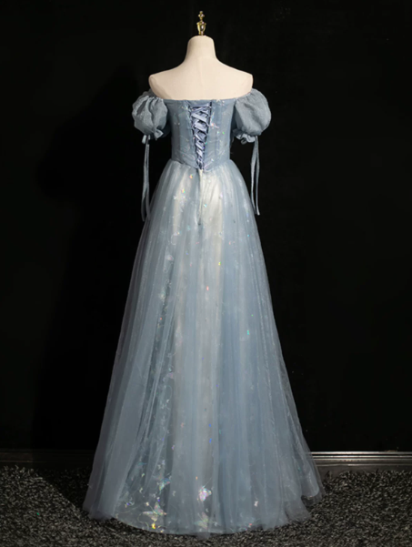 Sparkly Blue Prom Gown , Sequins Elegant Applique Corset Maxi Evening Dress RS1410