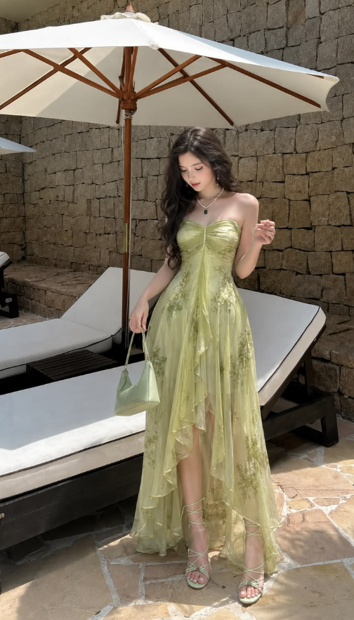 Flowy Green Prom Gown , Chiffon Floral Corset Hi-Lo Summer Dress Party Dress RS1413