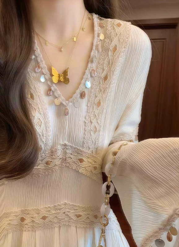 Green v-neck long-sleeved dress, niche style, no-collar retro waist temperament long skirt R0473