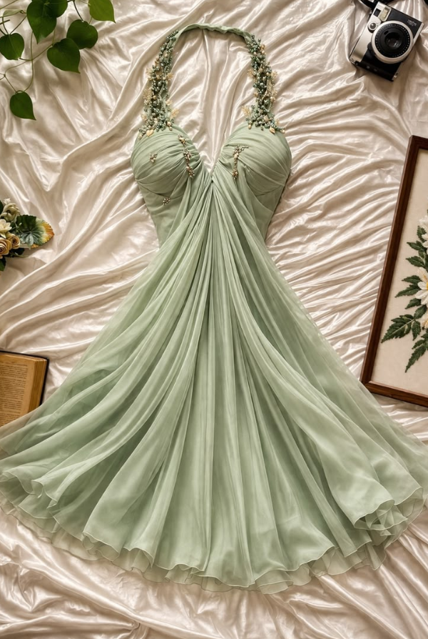 Fresh Green Prom Gown , Flowy Chiffon Corset Midi Summer Dress RS1418