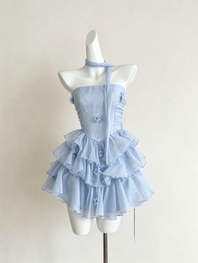 Ruffled Pale Blue Homecoming Dress , Flowy Applique Corset Mini Summer Dress RS1464