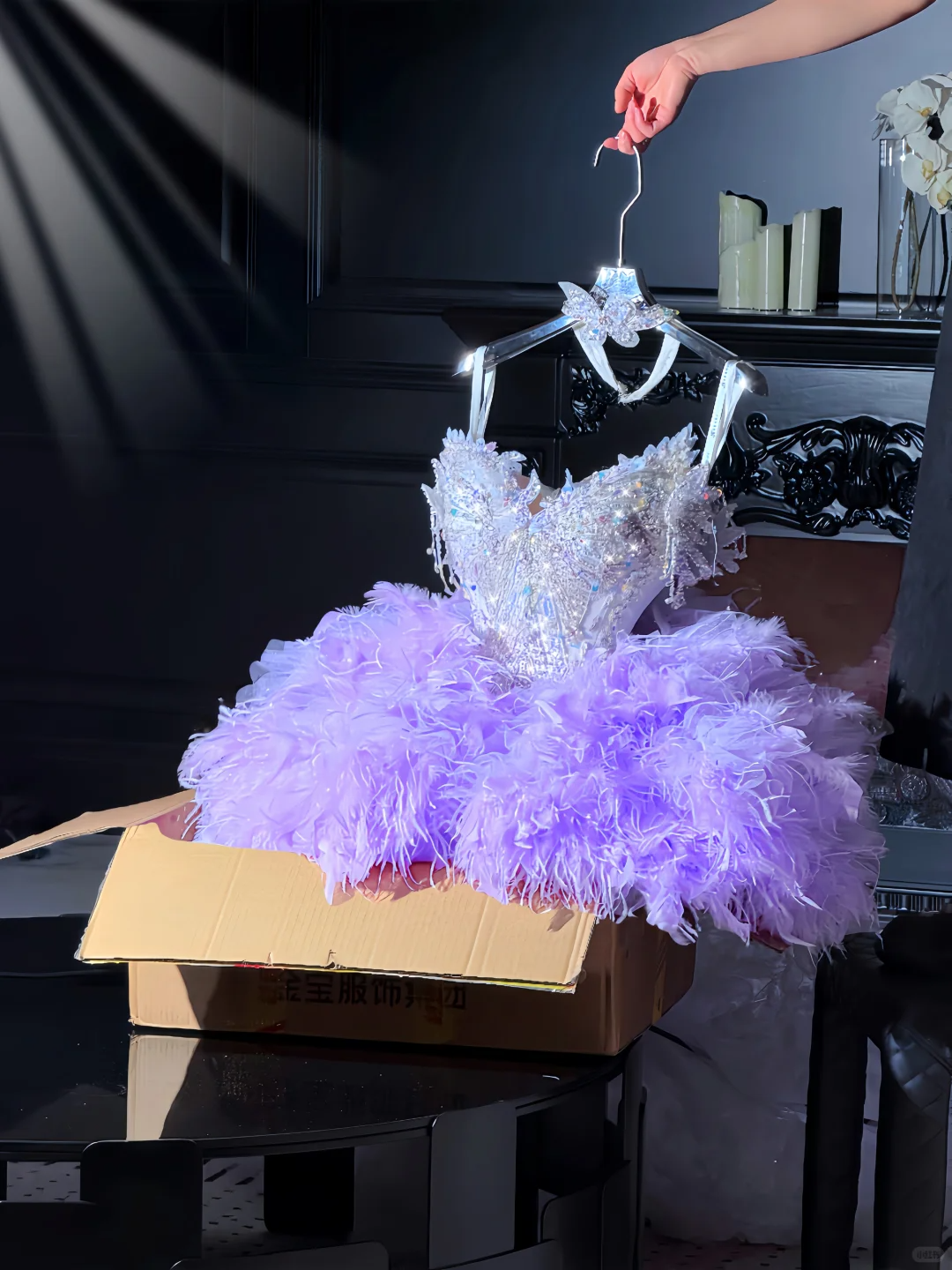 Silver top with diamonds and high-end purple feather skirt for homecoming dress R4194