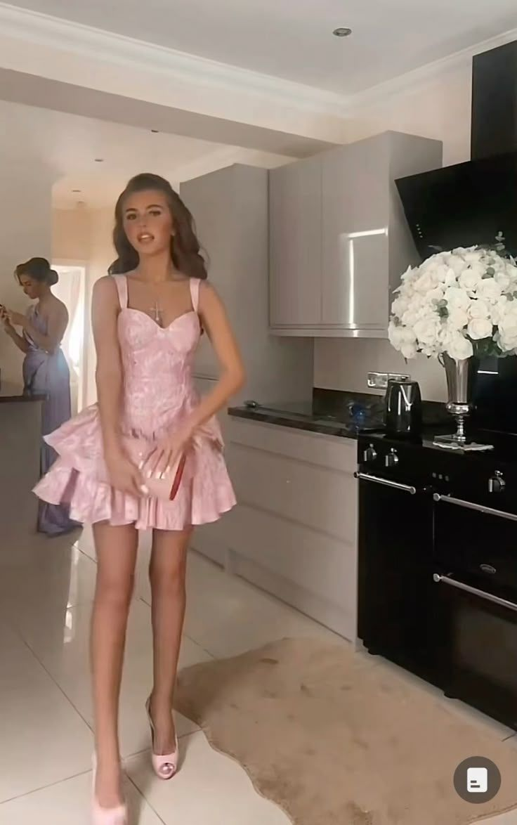 Pink suspender tie waist slim cake A-line short skirt homecoming dress R5466