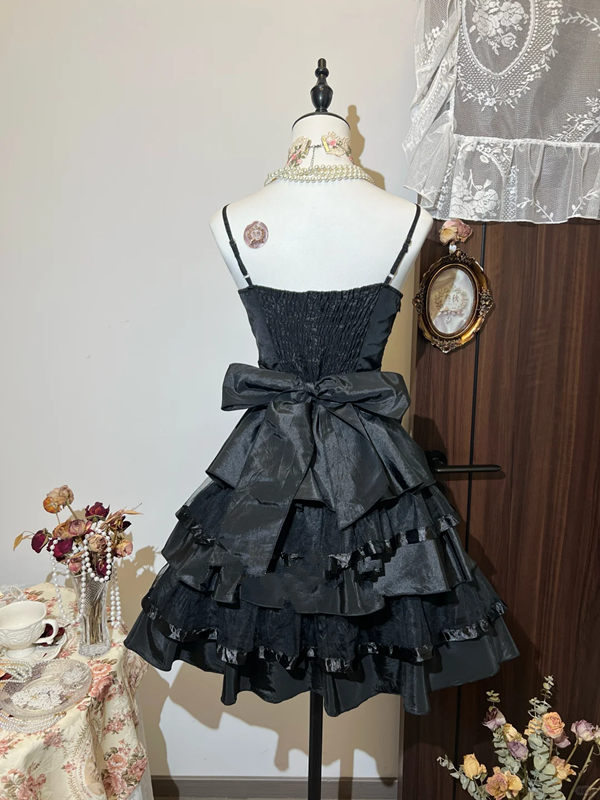 Black suspenders waist slim cake puffy princess dress homecoming dress R4355