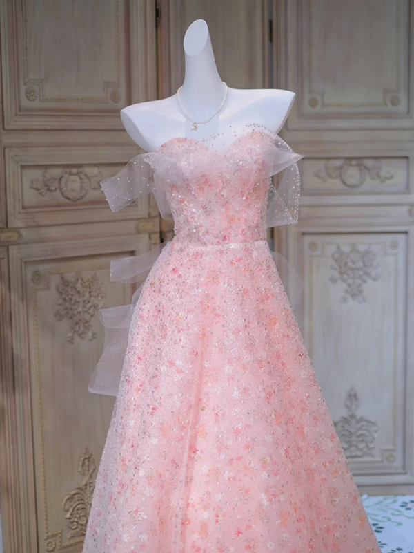 Pink floral one-shoulder slim waist A-line maxi ball gown bridal gown R5859