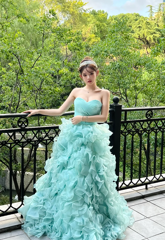 Lake Blue Strapless Waist-Cinched Tiered Tulle Floor-Length Prom Dress R7096