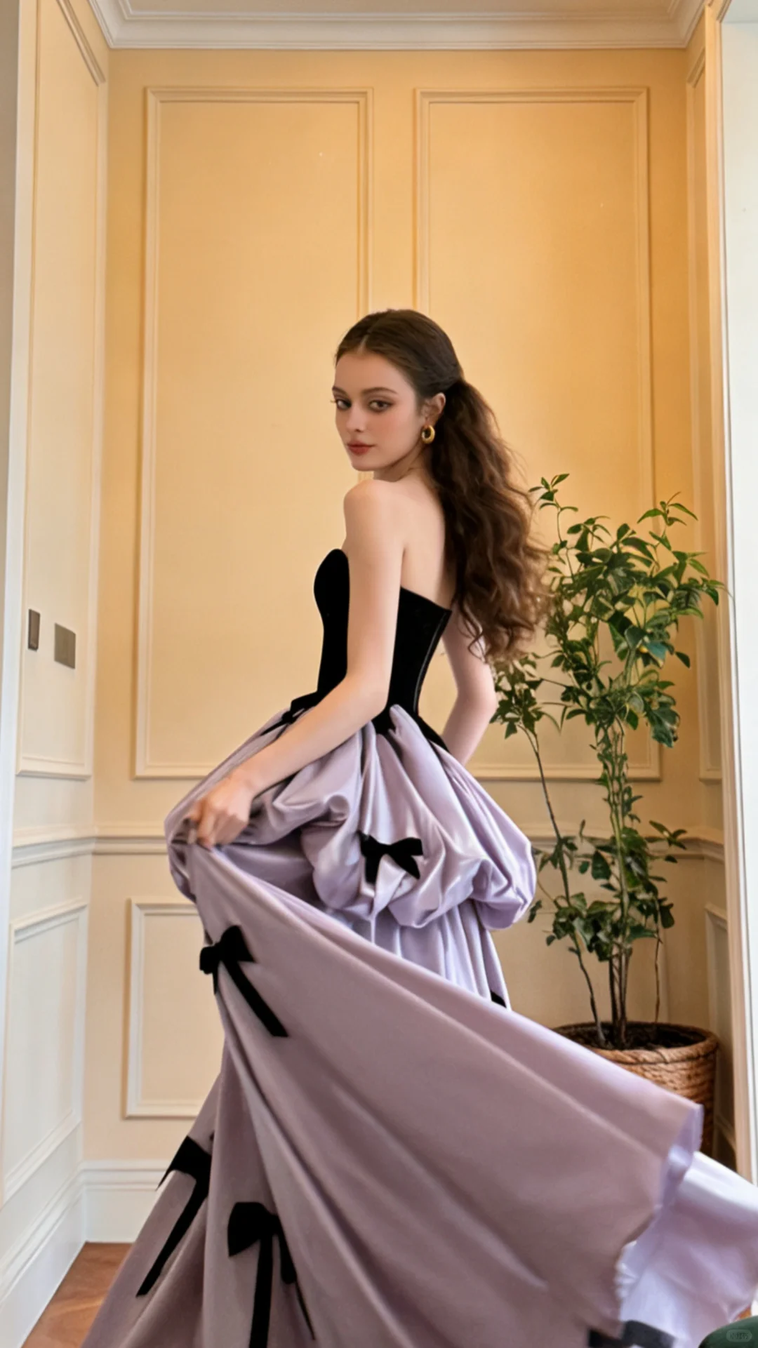 Black strapless fitted bodice with a long purple tulip skirt for a ball gown R8833