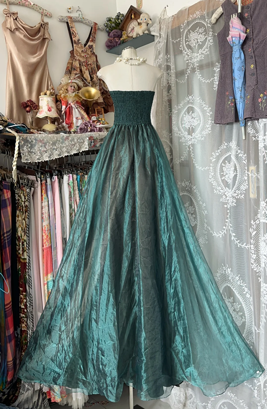 Gray green satin strapless slim waist A-line maxi ball gown R6137