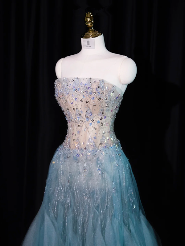 Light gray-blue strapless, fitted waist, full skirt, long ball gown R8923