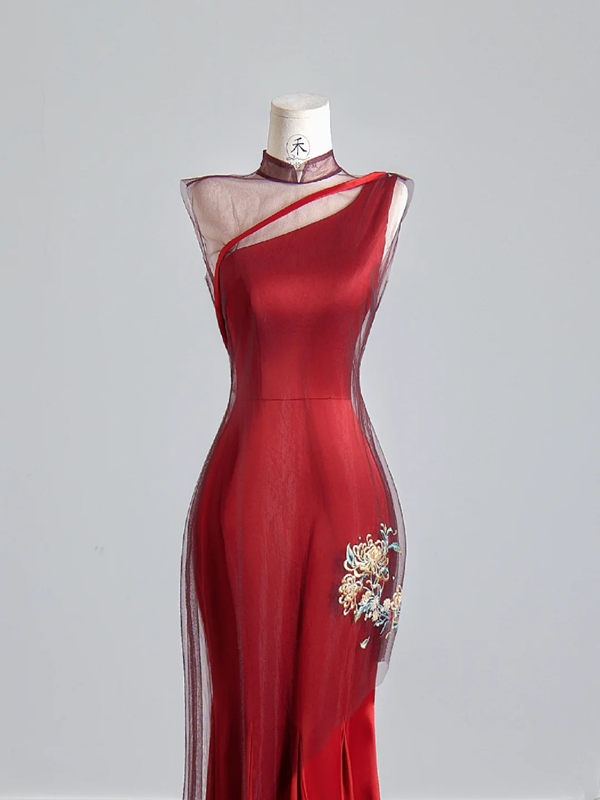 Red one-shoulder fitted waist slim-fitting hip-hugging sexy long ball gown R8150