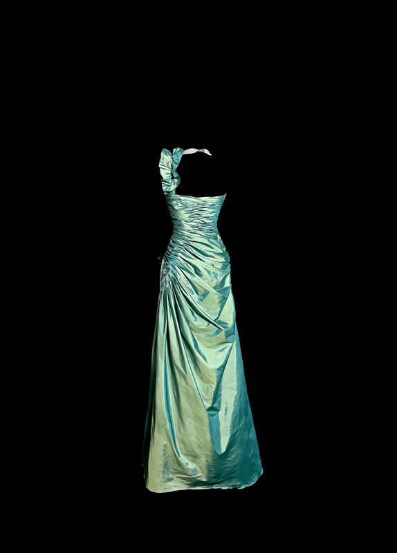 Green satin one-shoulder pleated waist long ball gown R6617