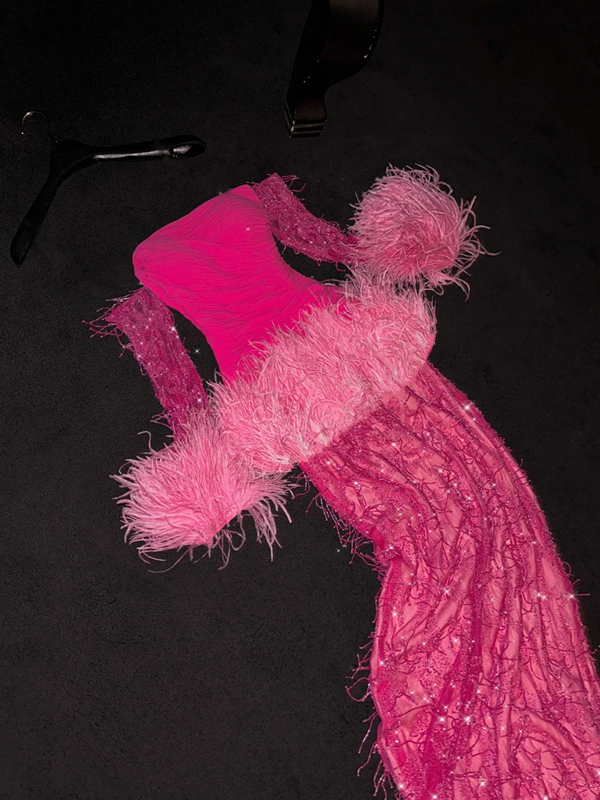 Rose pink off-the-shoulder fitted long ball gown, bridal dress R8803