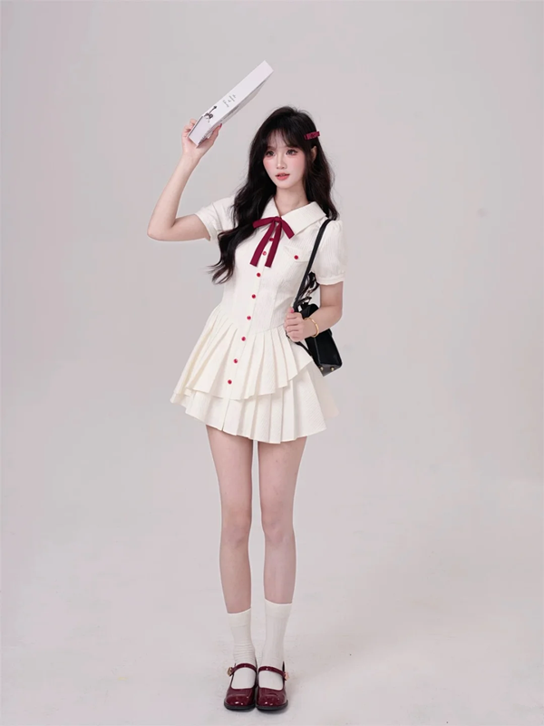 White short-sleeved slim waist irregular design pleated A-line short skirt homecoming dress R5267