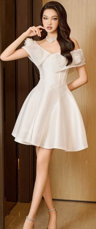 White gentle design neckline one shoulder waist slim fit long skirt short skirt homecoming dress R4718