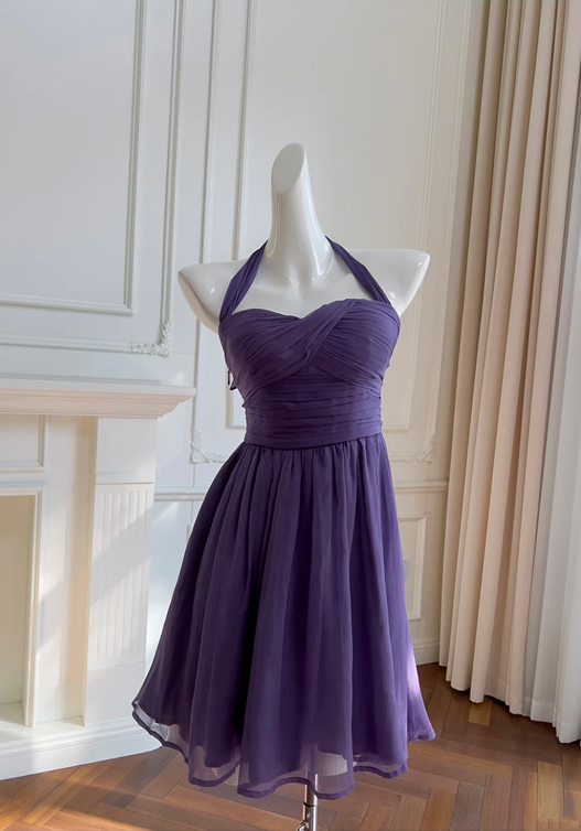 Purple halterneck slim waist A-line short skirt homecoming dress R5046