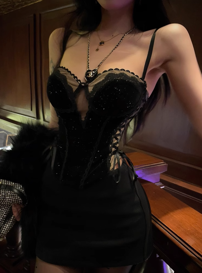 Pure desire hot girl velvet strap fishbone tube top 2025 sexy hip skirt suit R1367