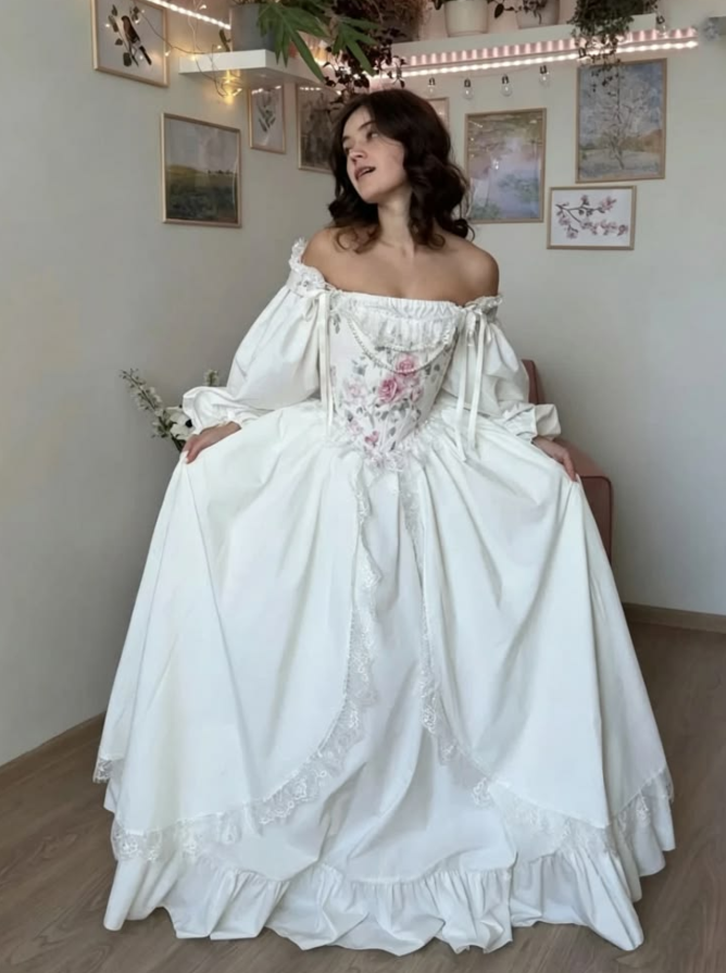 Pretty White A-Line Puff Sleeves Bateau Floral Corset Maxi Wedding Dress RS1431