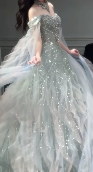 Elegant Sliver Prom Gown , Flowy Tulle Sequins Corset Maxi Evening Dress RS1492